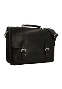 Borsa a tracolla in pelle nera con patta, hardware in tonalità argentata, due chiusure a fibbia e una tracolla staccabile. Texture liscia, forma rettangolare.