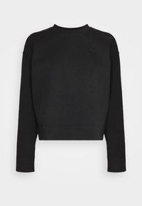 Black cropped sweatshirt with long sleeves, made of soft fabric. Features a ribbed crew neckline and a small embroidered logo on the chest.