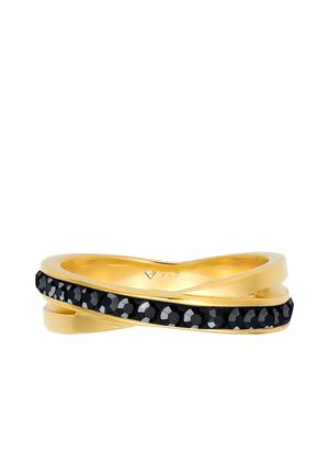 Goldener Bandring mit einer diagonalen Reihe kleiner runder schwarzer Steine auf der Vorderseite, innen mit 925 gestempelt.