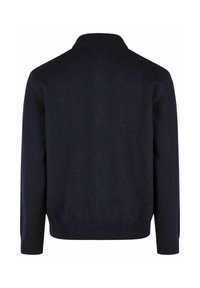 Marineblauwe gebreide cardigan met een kraag, lange mouwen en een geribbelde onderkant. Gemaakt van een zachte textuur met een gladde afwerking.