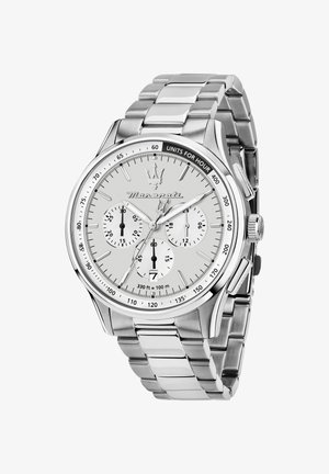 Orologio da polso cronografo Maserati in argento con tre quadranti secondari, finestra della data, scala tachimetrica e bracciale a maglie in acciaio inossidabile.