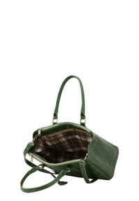 Borsa a mano verde in pelle con manici doppi e chiusura con zip. L'interno presenta una fodera a quadri marrone e crema. Finitura testurizzata, forma strutturata.
