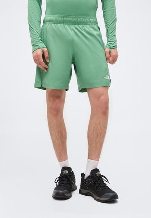 Mand iført lysegrønne træningsshorts og matchende langærmet skjorte, sorte vandresko med hvide sokker, stående på hvid baggrund.