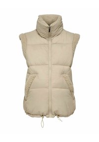 Bēša bezroku pūdera veste ar augstu apkakli, rāvējslēdzēja aizdari un struktūrētām shearling detaļām uz pleciem un kabatām. Auklas aizdare apakšmalā.