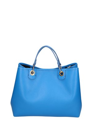 Blaue Leder-Tragetasche mit strukturierter Oberfläche, zwei Tragegriffen und goldfarbenen Akzenten. Geräumiges Design mit offenem Oberteil für einfachen Zugriff.