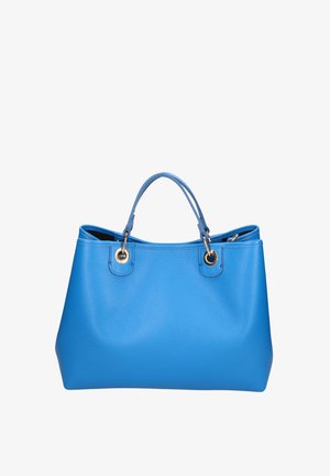 Blauwe leren tote bag met een textuur oppervlak, twee handvatten en gouden accenten. Ruimtelijk ontwerp met een open bovenkant voor gemakkelijke toegang.