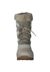 Buty śniegowe z szarym wierzchem, futrzanym kołnierzem, sznurowanym przodem oraz trwałą gumową podeszwą z teksturowanym bieżnikiem zapewniającym przyczepność.