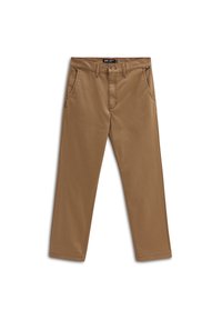 Bruna bomullsbukser med rak passform, med framfickor, knappstängning och bälteshällor. Slät textur och ren design.