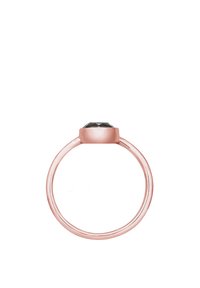 Roségoldring mit einem runden, facettierten schwarzen Edelstein, der über einem schlanken Band sitzt. Glatte Oberfläche mit minimalistischem Design.