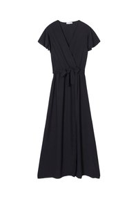 Robe noire à manches courtes volantées, avec une ceinture à nouer et une jupe longue. Fabriquée en tissu léger et texturé.