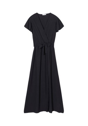 Vestido negro de wrap con mangas cortas en volantes, cinturilla ajustable y falda larga. Hecho de una tela ligera y texturizada.