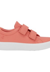 Skórzane buty o koralowej fakturze, z białymi gumowymi podeszwami i dwoma paskami na rzepy. Zaokrąglony nos i wyściełane wnętrze zapewniające komfort.