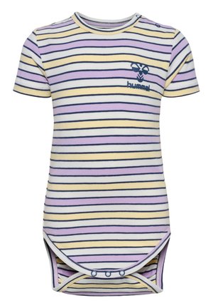 Kortærmet bodysuit med vandrette striber i lavendel, gul og hvid. Inkluderer navy blå detaljer og trykknaplukninger ved skuldrene.