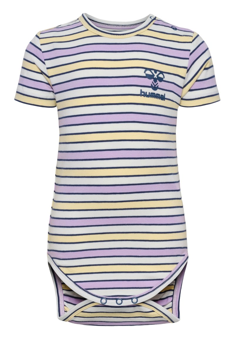 Body z krótkim rękawem z poziomymi paskami w kolorze lawendowym, żółtym i białym. Zawiera granatowe akcenty oraz zapięcia na napy na ramionach.