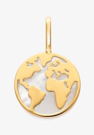 Colgante circular de oro con forma de mapa mundial que muestra los continentes de Norteamérica, Sudamérica, Europa y África.