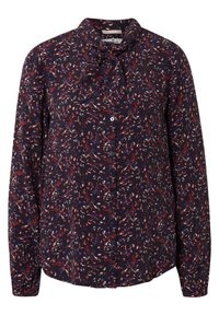 Blusa a maniche lunghe in tessuto blu navy con un motivo floreale nei toni rosso, bianco e blu. Presenta un colletto con fiocco e chiusura con bottoni.