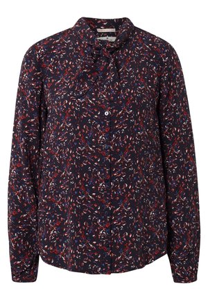 Langärmlige Bluse aus navyfarbener Stoff mit einem Blumenmuster in Rot, Weiß und Blau. Verfügt über einen Schleifenkragen und eine Knopf-Frontverschluss.