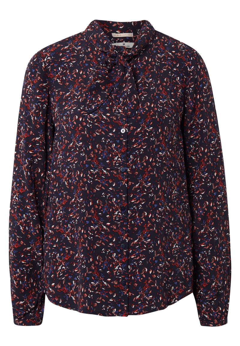 Blusa a maniche lunghe in tessuto blu navy con un motivo floreale nei toni rosso, bianco e blu. Presenta un colletto con fiocco e chiusura con bottoni.