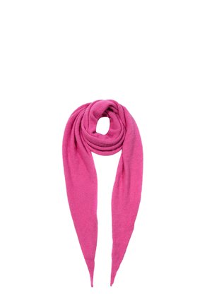 Bright pink knitted scarf folded in a loop with two long pointed ends hanging down against a white background.