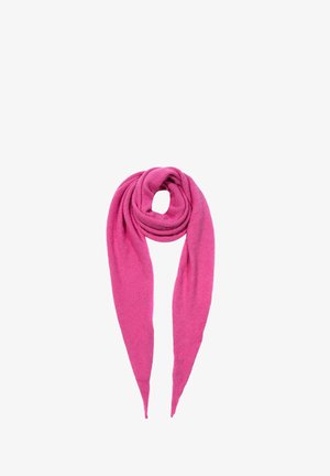 Bright pink knitted scarf folded in a loop with two long pointed ends hanging down against a white background.