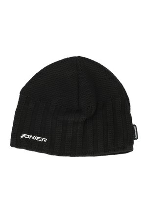 Sort strikket hue med ribbet opbukket kant og hvid Zanier-logo broderet på fronten samt en lille stofmærkat med logo på siden.