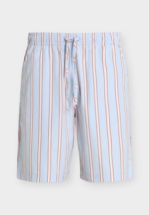 Svijetlo plave kupaće hlače s okomitim bijelim i smeđim prugama, elastični pojas s vezicom sprijeda, do koljena.