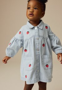 Gestreiftes blaues Kleid mit kurzen Puffärmeln, das mit roten Erdbeeren bestickt ist, durchgehend mit Knöpfen vorne und zwei vorderen Taschen.
