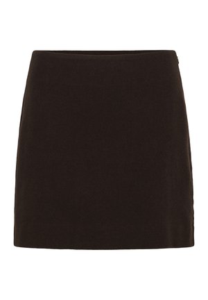 Black skirt with a fitted design, featuring a smooth texture and a straight cut that ends mid-thigh, without visible hardware or patterns.