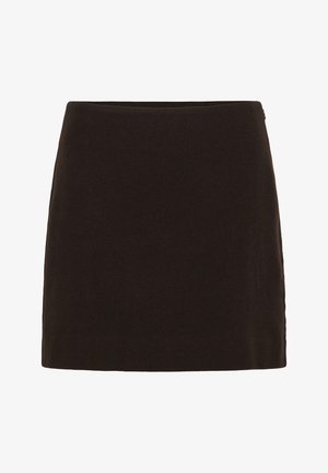 Gonna nera con un design aderente, caratterizzata da una texture liscia e un taglio dritto che termina a metà coscia, senza hardware o motivi visibili.