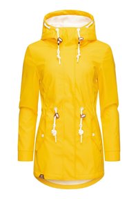 Veste imperméable jaune avec capuche, taille ajustable par cordon, et accents à bascule. Comprend deux poches avant et une doublure intérieure douce.