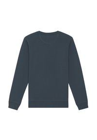Donkerblauwe sweatshirt met lange mouwen, ronde hals en ribgebreide manchetten en zoom. Gladde textuur met dubbelgestikte naden voor duurzaamheid.