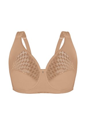 Beiger Bügel-BH mit breiten verstellbaren Trägern und strukturiertem halbtransparentem, gemustertem Stoff auf den oberen Körbchen, mittig kleine dekorative Schmuckstein.