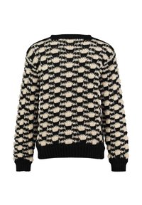 Zwarte en crèmekleurige trui met een textuur van bobbelpatroon, ronde hals, en ribgebreide mouwen en zoom. Gemaakt van gebreide stof.