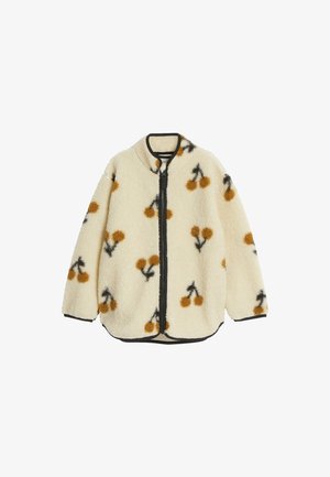 Creme fleecejakke med et all-over gult og sort kirsebærprint, lynlås og sort kant langs kraven og kanten.
