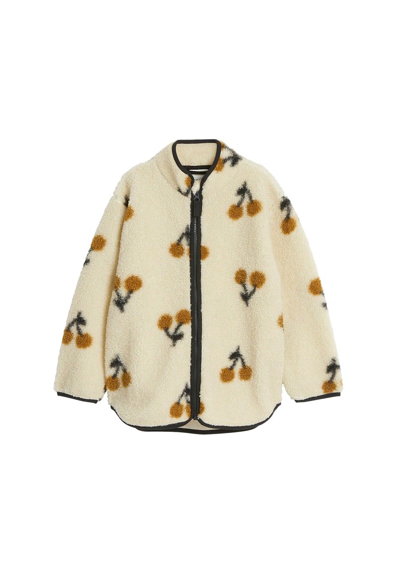Crème fleecejack met een all-over print van gele en zwarte kersen, ritsluiting en zwarte afwerking langs de kraag en de zoom.