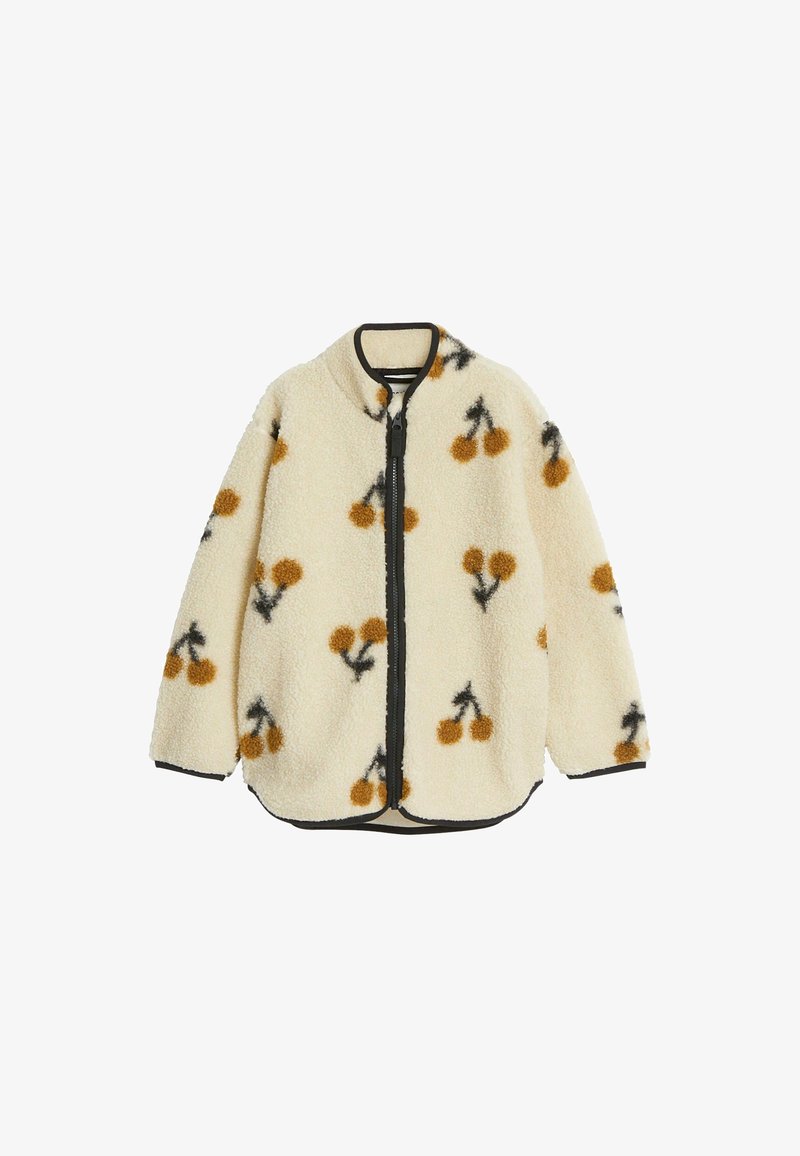 Cremefarbener Fleece-Jacke mit einem allover gelb-schwarzen Kirschmuster, Reißverschluss und schwarzem Besatz entlang des Kragens und Saums.