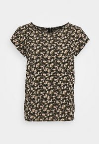 Blusa nera floreale con maniche corte, dotata di una piccola chiusura con zip sul retro. Il tessuto presenta un motivo testurizzato di fiori rosa chiaro e verdi.