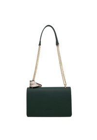 Borsa a tracolla in pelle verde, di forma rettangolare, con tracolla a catena dorata e una targhetta in tessuto con "CHRIS BELLA". Texture liscia e design minimalista.