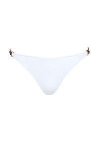 Białe bikini dolne wykonane z elastycznego materiału, charakteryzujące się gładką teksturą, smukłym krojem oraz brązowymi akcentami z boku.
