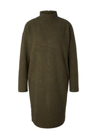 Olivi vihreä turtleneck-mekko, joka on valmistettu ribbatusta kankaasta. Mekossa on pitkät hihat ja löysä istuvuus, eikä siinä ole näkyviä kiinnikkeitä tai kuvioita.