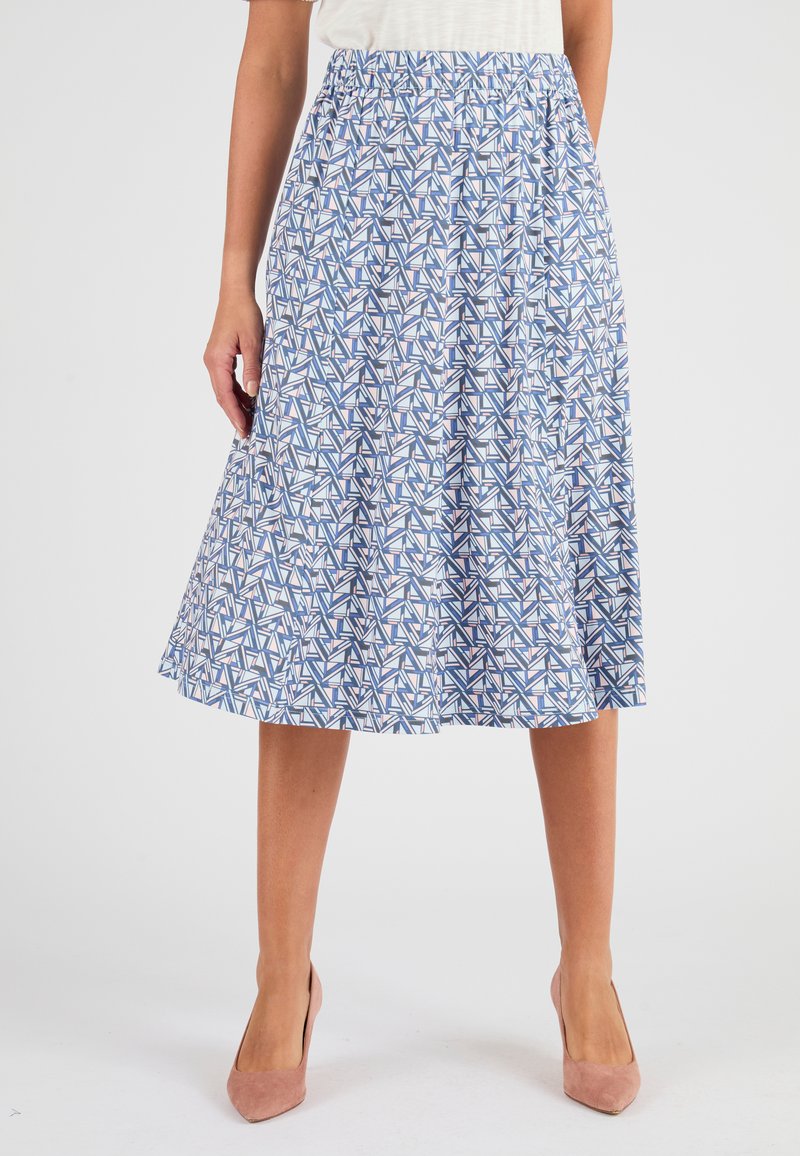 Gonna a campana in tessuto blu con un motivo geometrico in bianco e dettagli rosa. Presenta una vita elasticizzata e un design lunghezza ginocchio.