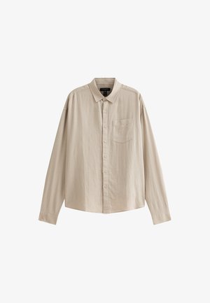 Beige long-sleeve shirt made of lightweight fabric with a standard collar, button front, and single chest pocket. Smooth texture and relaxed fit.