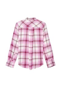 Long-sleeve pink and white plaid shirt with buttoned cuffs and a box pleat on the back, displayed flat on a white background.