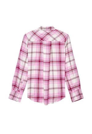 Chemise à manches longues à carreaux rose et blanc avec poignets à boutons et un pli creux à l'arrière, présentée à plat sur un fond blanc.