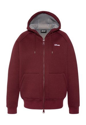 Vinrød lynlås-hoodie med gråt indvendigt hættestykke, forlommer, snoretræk, ribbede manchetter og "Schott"-logo på brystet og nakkemærket.