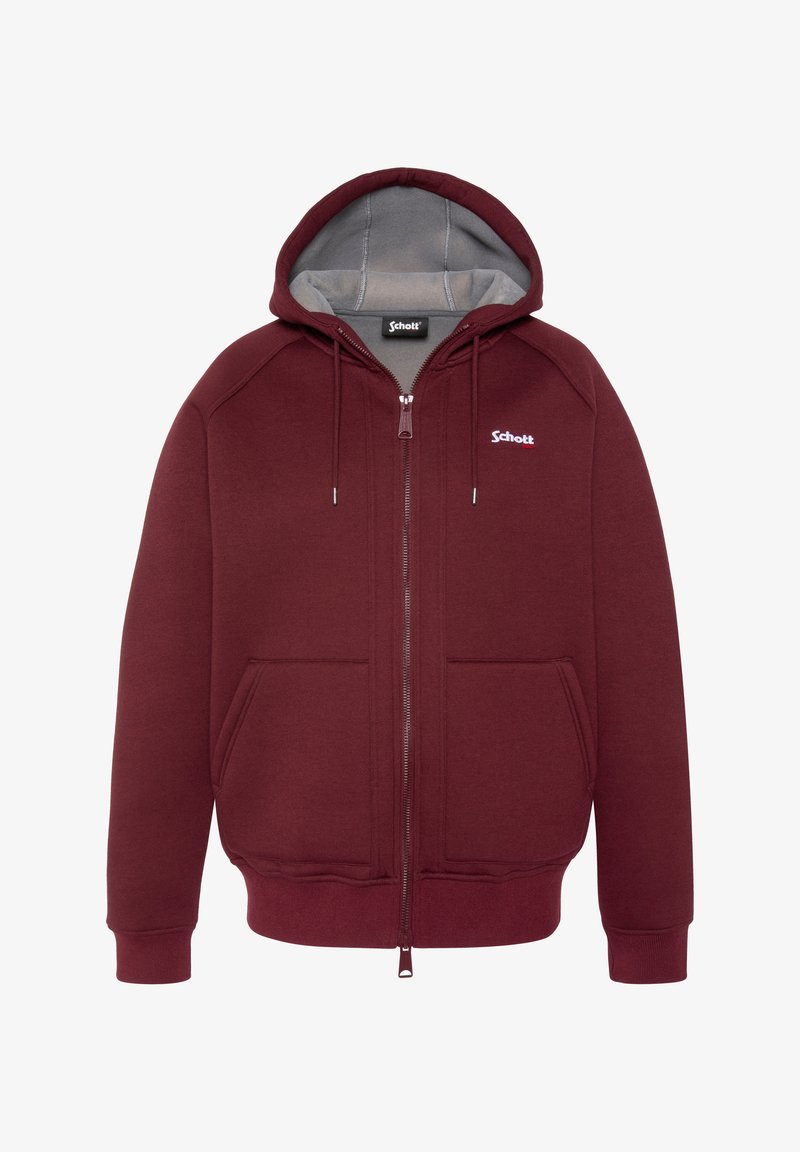 Sweat à capuche zippé couleur marron foncé avec doublure intérieure de la capuche grise, poches kangourou à l'avant, cordons, poignets côtelés, et logo "Schott" sur la poitrine ainsi que sur l'étiquette du col.