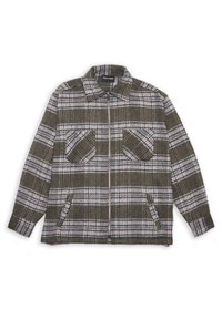 Green and white checkered jacket with a zip front, two chest pockets, and two side pockets. Soft-textured fabric; collared design.