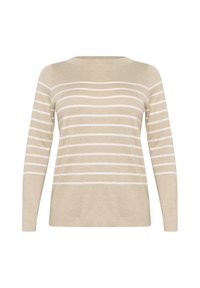 Beige long-sleeve sweater featuring horizontal white stripes. Soft texture, classic round neckline, and fitted cuffs. Simple, minimal design.