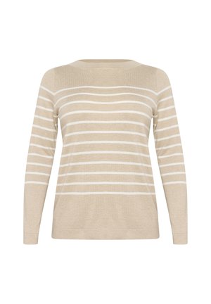 Beige langærmet sweater med vandrette hvide striber. Blød tekstur, klassisk rund halsudskæring og tætsiddende manchetter. Enkel, minimalistisk design.