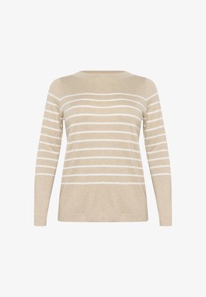 Maglione beige a maniche lunghe con strisce orizzontali bianche. Tessuto morbido, collo rotondo classico e polsini aderenti. Design semplice e minimal.